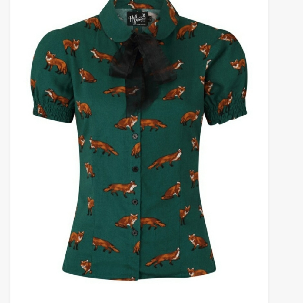 Hell Bunny Green Blouse with Fox Print